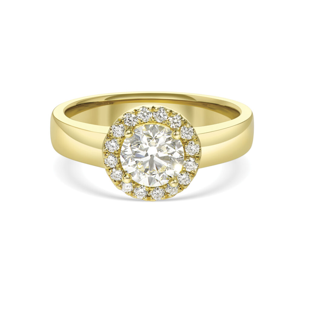 Yellow Gold Halo Diamond Ring with a Wide Band - Mark Solomon Jewellers Yellow Gold Round Diamond Halo Ring with a Thick, Plain Band.