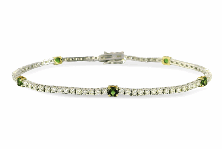 White Gold Tennis Bracelet with Alternating Diamonds and Square Green Chrome Tourmaline Gemstones