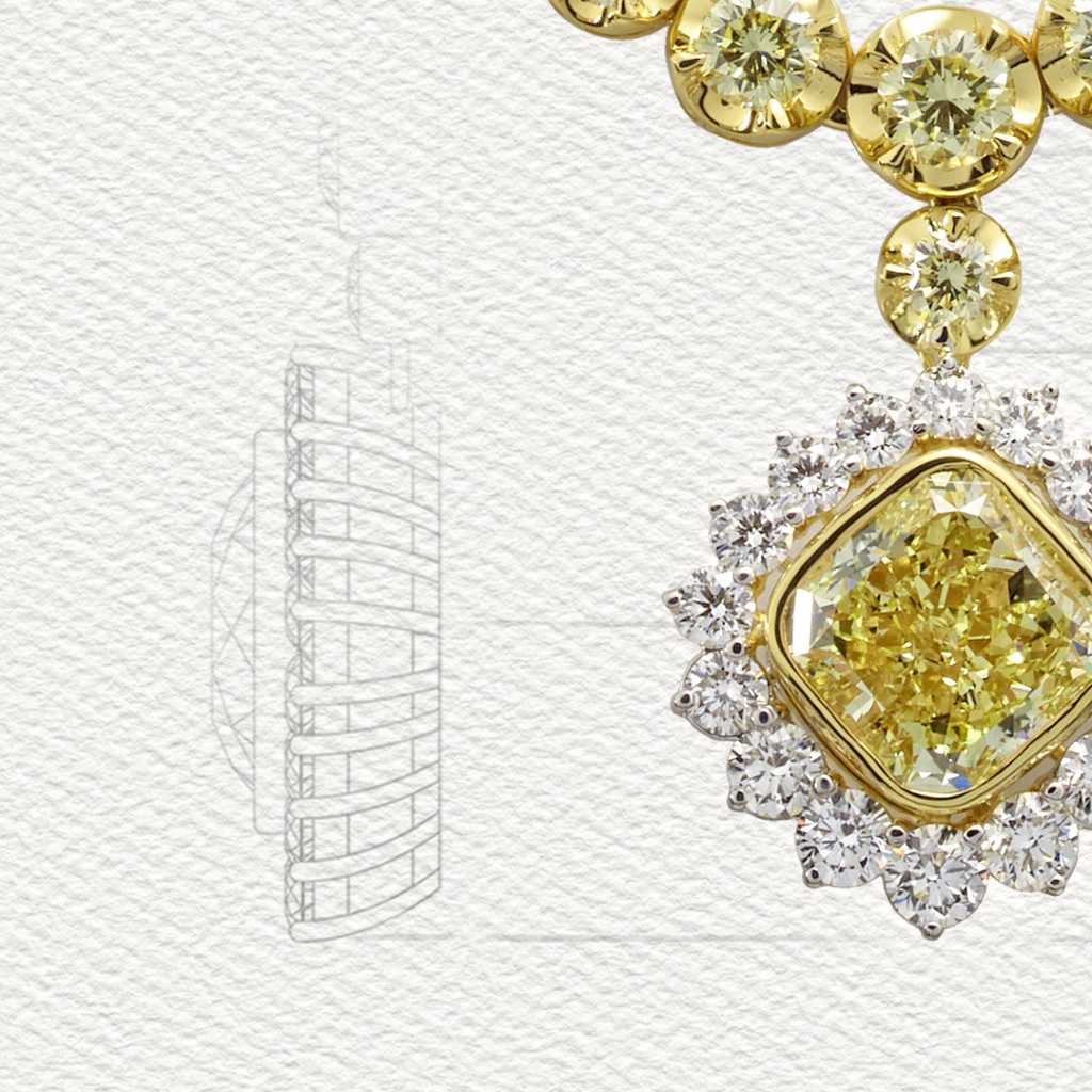 Cushion-cut Fancy Yellow Diamond Halo Necklace in Yellow Gold, Shown Beside a Hand-drawn Design Sketch on Textured Paper.