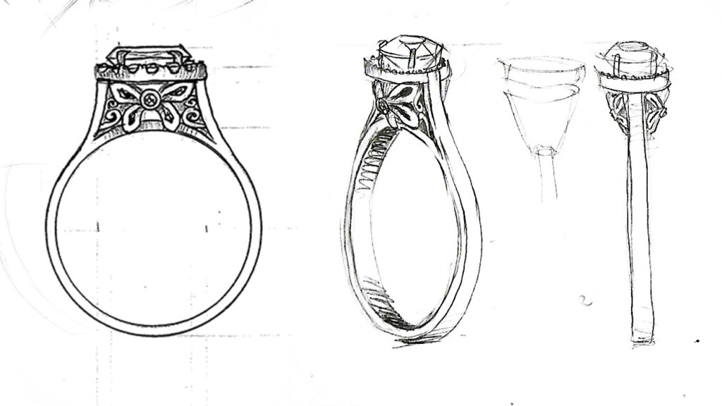 Front View of an Ornate Ring with a Decorative Crown Setting and Central Stone Seat Outline (sketch). the Ring Features Filigree Details at the Top and a Rounded Band.