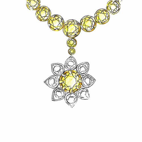 Yellow Gemstone Necklace with a Floral Pendant Featuring a Central Stone and Surrounding Petal Shapes in a Circular Arrangement.