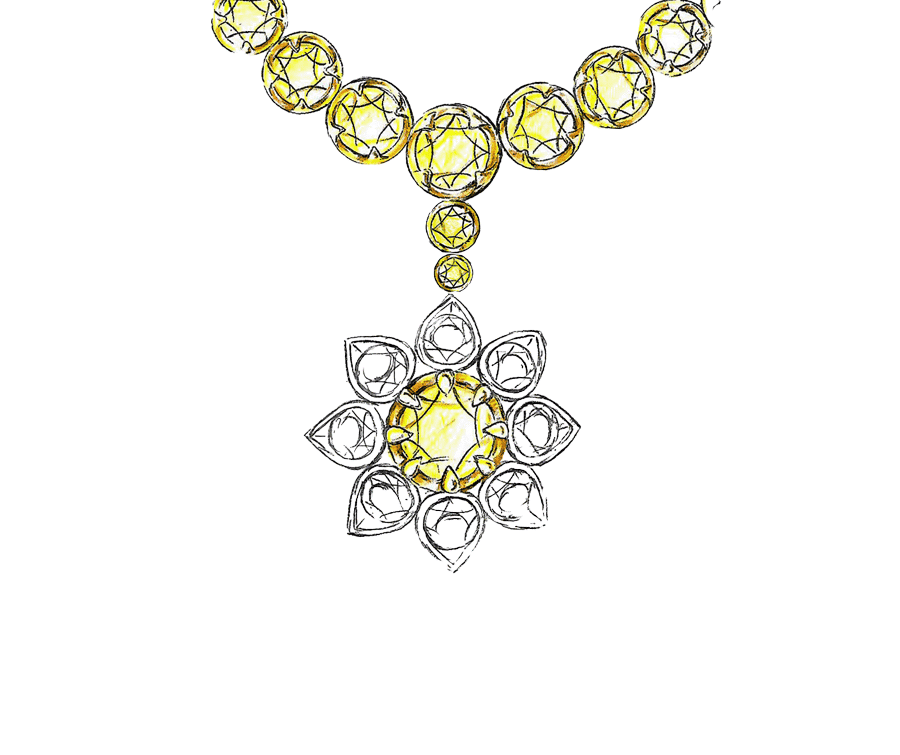 Bespoke hand-drawn design sketch of the African Sunshine II Neckpiece featuring fancy yellow diamonds and pear-shaped white diamond petals at Mark Solomon Jewellers.