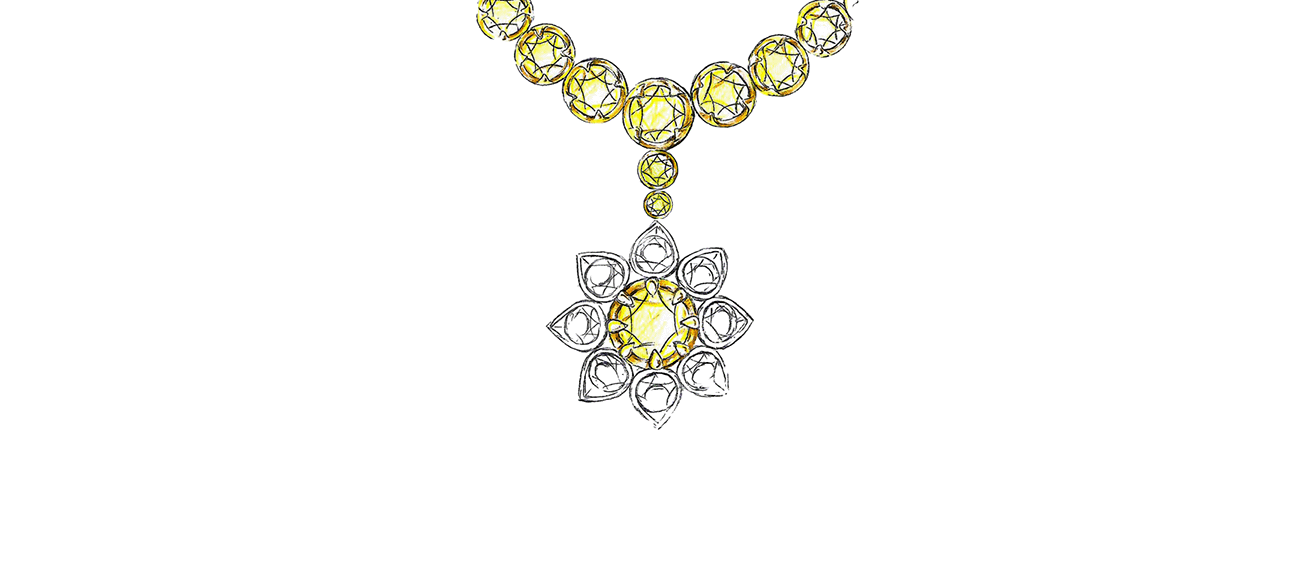 Yellow Gemstone Necklace with a Floral Pendant Featuring a Central Stone and Surrounding Petal Shapes in a Circular Arrangement.